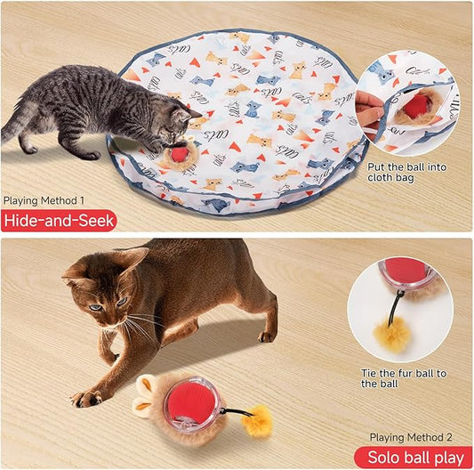 2 in 1 Simulated Hunting Interactive Cat Toy,Self Rolling Ball in Pouch Rechargeable Hide and Seek Toys for Indoor Cats,Red Fast Rolling Ball in Mat,Cat Chasing Mouse Game