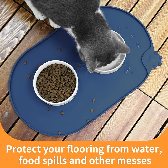 KPWACD Pet Placemat for Dog and Cat, Waterproof Silicone Dogs Feeding Bowl Mat Prevent Food and Water Overflow, High-Lips Puppy Dish Mats Suitable for Small Medium Big Pets, Navy, 24" * 16"