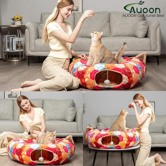 AUOON Cute Cat Donut Tunnel - Interactive Cat Tunnel Bed for Indoor Cats Kitten Kitty Puppy Rabbit Ferret (Orange)