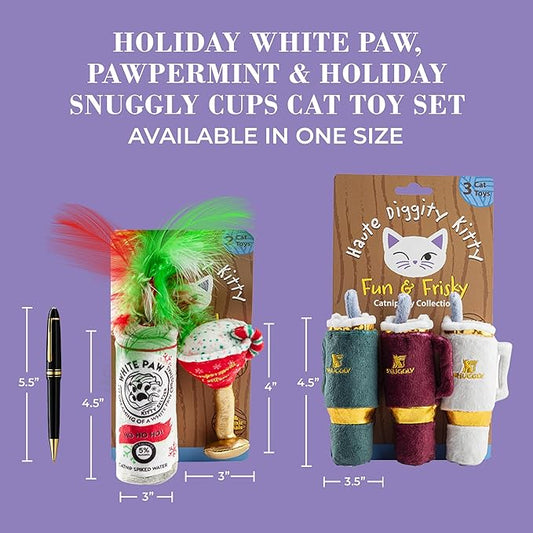 Holiday White Paw & Pawpermint Cattini + Holiday Snuggly Cups Set, Plush Cat Toys Catnip Filled with Interactive Crackle Sound, Safe & Durable Toys for Cat & Kitten, 5 Pcs