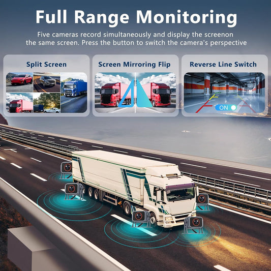 Hodozzy Backup Camera Monitor System,10.1 Inch IPS Reversing Monitor, 5 Split Screen with Five Waterproof Camera,IP68 Waterproof,Night Vision, Hard-Wired Backup Camera for Trucks/Bus/Trailer/RV