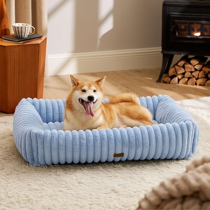 Bedsure Washable Dog Bed for Medium Dogs - Cute Furry Puppy Beds, Rectangle Orthopedic Corduroy Fleece Pet Beds with Removable Zipper Cover, 30x24x8inches, Blue