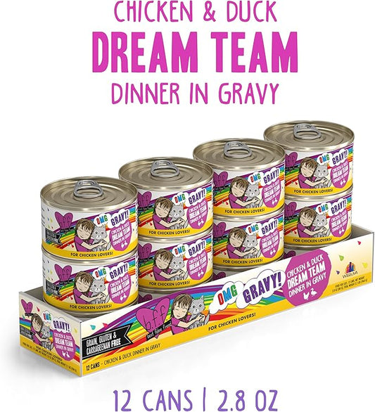 Weruva B.F.F. OMG - Best Feline Friend Oh My Gravy!, Chicken & Duck Dream Team with Chicken & Duck in Gravy, 2.8oz Can (Pack of 12)