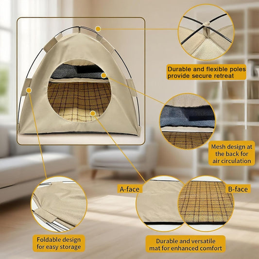 BreezyDen Pop-Up Pet Tent – Portable Hideaway for Cats & Small Dogs, Portable Indoor/Outdoor Pet Tent House with Mesh Window, Waterproof, Breathable, Scratch-Resistant, Fully Washable (Beige,M)