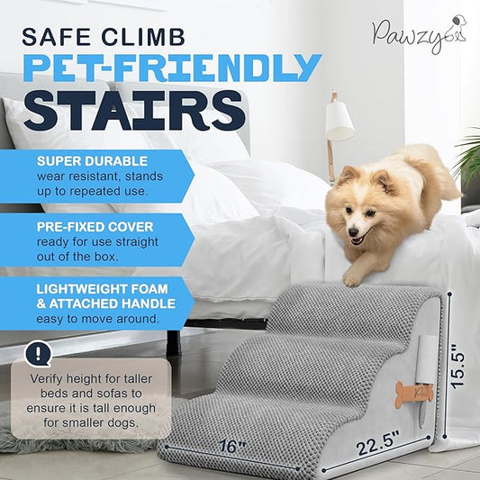 PAWZY Foam Pet Stairs for Bed, Couch or Window PREFIXED Cover - Wide Steps for Bed, Waterproof, Non-Slip Base - 3-Tier Ramp 15.5'' Height- Stairs for Small Dogs, Puppies, Cats - (Grey)
