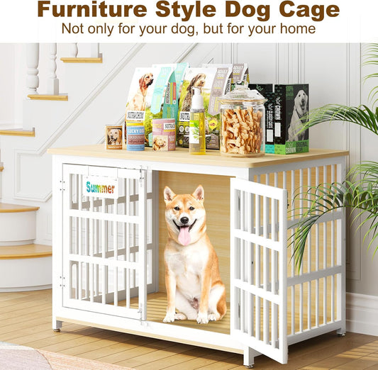 EasyCom Heavy Duty Dog Kennel Indoor with Name Tag, 41" Dog Crate Furniture for Medium Dogs, Double-Doors Sturdy Metal Dog Cage for Anxiety Dog, Decorate House as TV Stand, End Table, Bedside Table