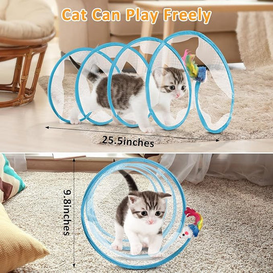2-Piece Spiral Cat Tubes for Indoor Cats, Large Collapsible Tunnel with Feather Mouse Interactive Toy (Yellow + Blue)
