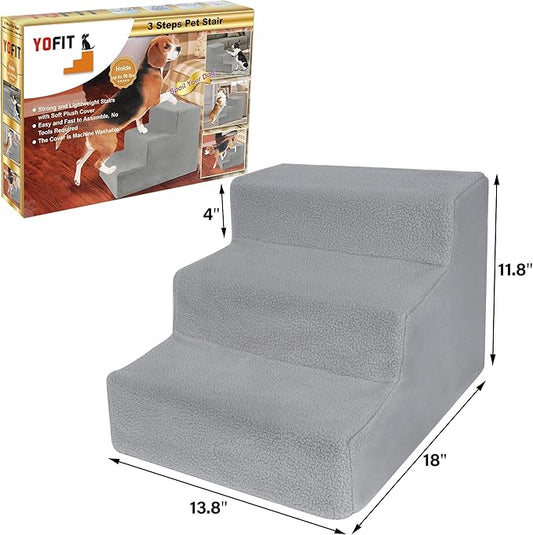 yofit Doggy Steps - Non-Slip 3 Steps Pet Stairs for Cats and Dogs, Foldable Plastic with Washable Carpet Holds Up to 50 lbs (Gray)