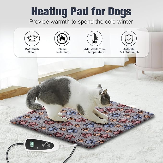Cat Heating Pad, Waterproof Pet Heating Pad for Cats Dog Indoor, 11 Adjustable Temperature Cat Warming Bed Mat with Timer, Indoor Heated Bed with Chew Resistant Cord (S: 18'' L X 18W '')