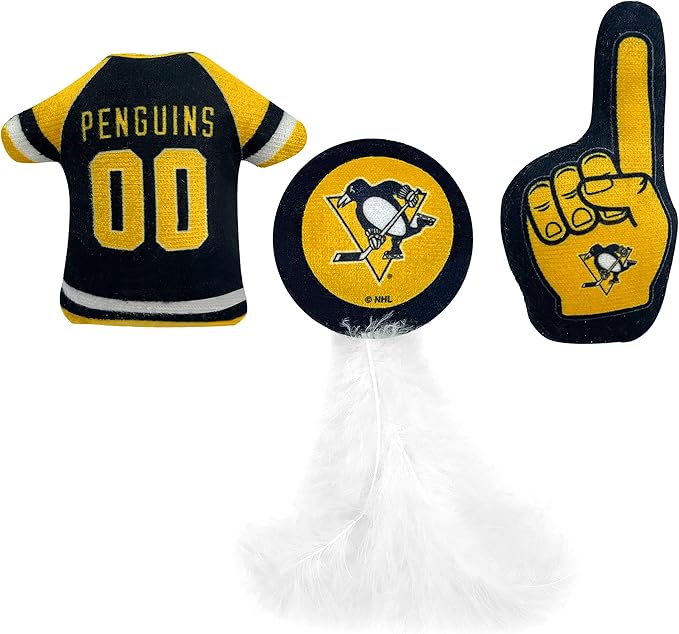Best Plush CAT Toy NHL Pittsburgh Penguins Complete Set of 3 Piece Cat Toys Filled with Fresh Catnip. Includes: 1 Jersey Cat Toy, 1 Hockey Puck Cat Toy with Feathers & 1#1 Fan Cat Toy. with Team Logo