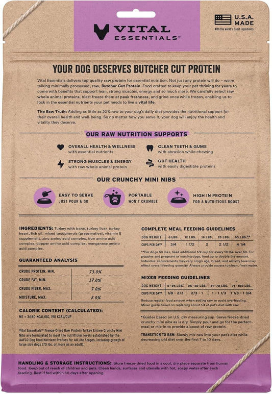 Vital Essentials Freeze-Dried Raw Turkey Meal or Mixer Dog Food Crunchy Mini Nibs, 14 oz