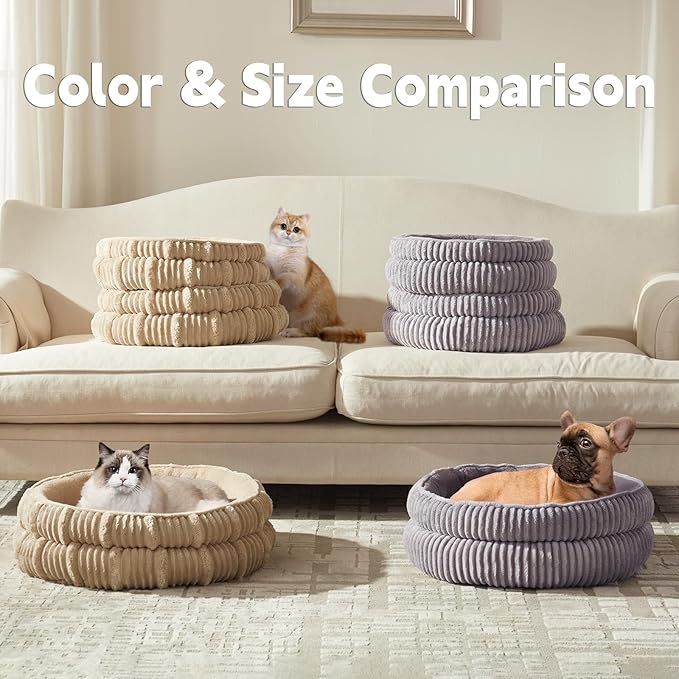 Dog Beds for Small Dogs, Puppy Kennel Bed - Round Cat Beds for Indoor Cats,Comfy Durable Pet Sleeping Bed, Washable Deluxe Plush Kitten Bed & Non-Slip Bottom, Gray 24" L x 24" W x 9" Th