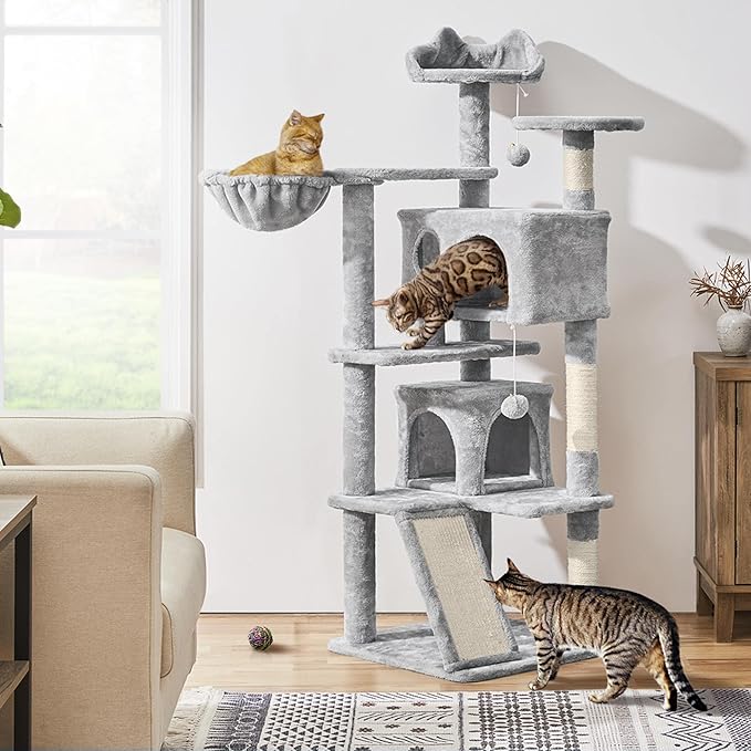 Topeakmart Cat Tree, 57 inches Multi-Level Cat Tree Tower with Scratching Posts, Cat Condo and Basket Kitten Activity Center, Light Gray