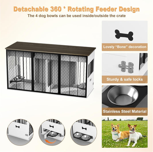 RQZ 65" Double Dog Crate Furniture for 2 Dogs Heavy Duty Wood Dog Cage Table with 3 Storage Drawers and 4 Stainless Steel Bowls Dog Kennel Indoor for Medium Large Dogs