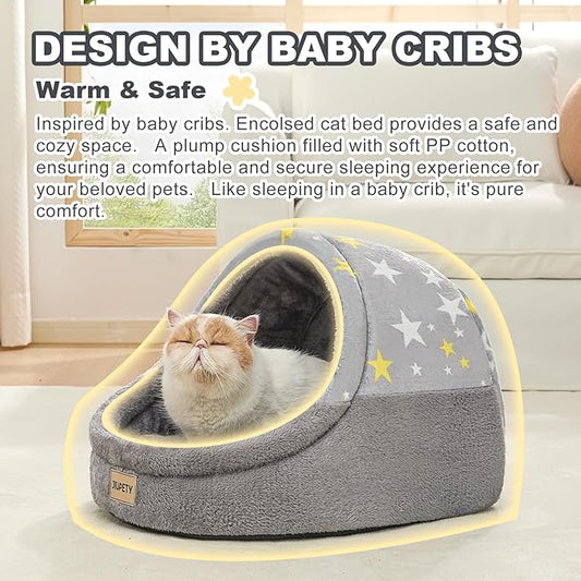 Jiupety Cute Cat Beds for Indoor Cats, Cat Cave Bed for Kittens, Burrowing Cat Bed & Puppy Bed with Anti-Slip Bottom, Washable Removable Cushion, L(19"x17"x16"), Gray Star