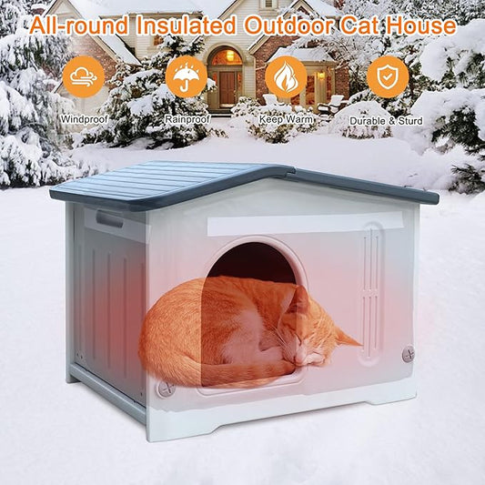Rockever Plastic Outdoor Indoor Cat House with Insulated Liner, 100% Insulated Outdoor Cat Houses for Winter Feral Cats, Waterproof Escape Door Design, Assemble Easily-Grey