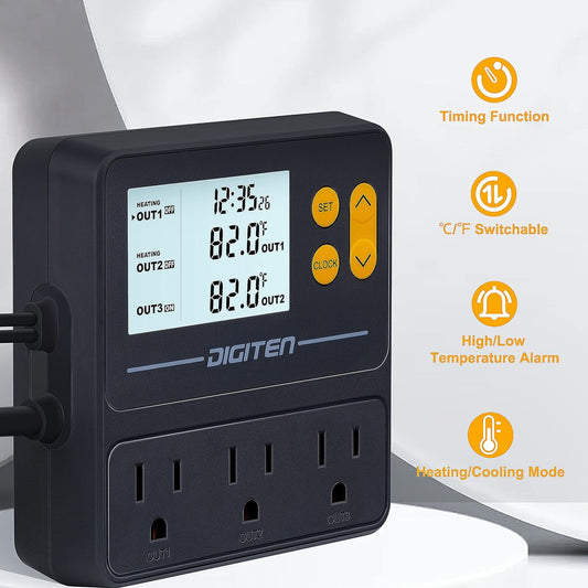 DIGITEN Reptile Temperature Controller with Timer Day-Night,3-Stage Outlet Thermostat Cooling Heating Mode Temperature Controlled for Ball Pythons,Mushroom,Fermentation,Bearded Dragon
