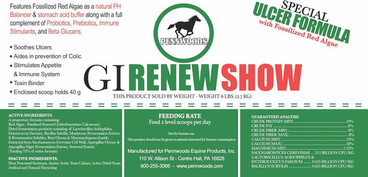 GI Renew Show, Probiotics for Equine, Immune and Appetite Stimulation, Prebiotics, Digestive Enzymes | Horse Supplement Providing Ulcer Relief and Treatment, Organic Toxin Binder, 6 LB Bag