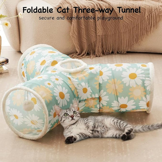 Tempcore Pet Cat Tunnel Tube Cat Toys 3 Way Collapsible, Cat Tunnels for Indoor Cats,Kitty Tunnel Bored Pet Toys Peek Hole Toy Ball Puppy, Kitty, Kitten, Rabbit Daisy Green Printed