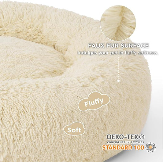 Bedsure Calming Dog Bed for Large Dogs - Donut Washable Large Pet Bed, Anti-Slip Round Fluffy Plush Faux Fur Dog Bed, Fits up to 80 lbs Pets, Cream, 36 inches