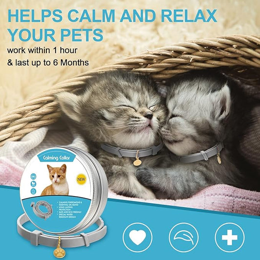 4 Pcs Cat Calming Collar Adjustable Lavender Scent Relaxing Cat Collar with 2 Pendant for Puppies Reduce Stress Aggression Anxious, up to 15 Inches(Grey, Silver)