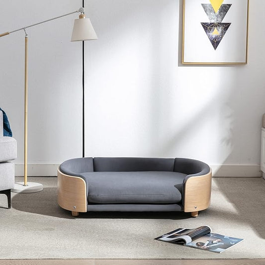 HomSof 38.58" Scandinavian Style Elevated Dog Cat Bed Pet Sofa with Solid Wood Legs and Bent Wood Back with Velvet Cushion,Large Size,Dark Grey