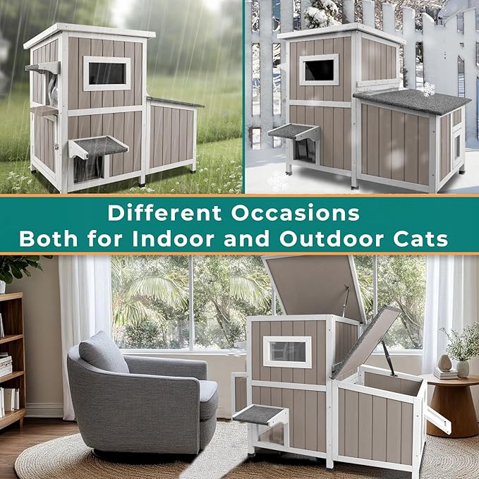 Cat Houses for Outdoor Cats Outside Feral Cat Shelter Weatherproof Wooden Cat Houses for 2-3 Cats with 3 Rooms 3 Escape Doors 2 Openable Asphalt Roofs