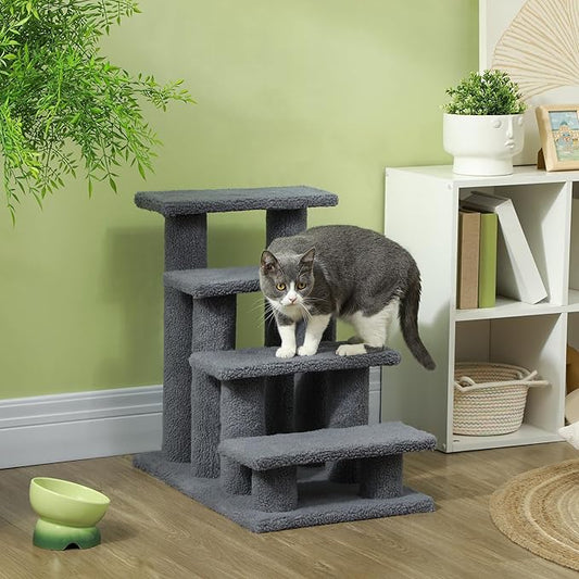 PawHut 25" 4-Step Multi-Level Carpeted Cat Scratching Post Pet Stairs - Gray