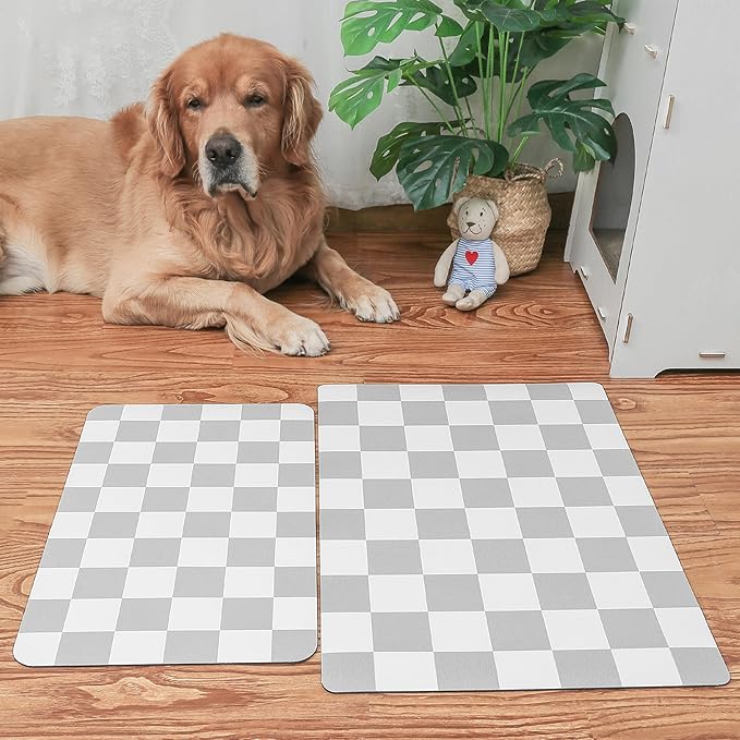 Ralxion Checkered Dog Feeding Mat, Absorbent Mats for Dog Food and Water Bowl, Dispenser, Retro Modern Aesthetic Preppy Grey Checkerboard Pet Placemat for Dogs, Cats, Puppy Accessories, 12" X19”