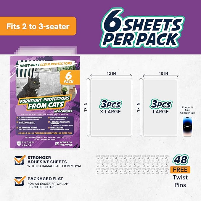 Panther Armor Anti Scratch Furniture Protector, 6-Sheets + 36 Pins, Couch Guards from Cat Claws, 100% Transparent, Stop Cats & Dogs from Scratching Furniture, Heavy Duty