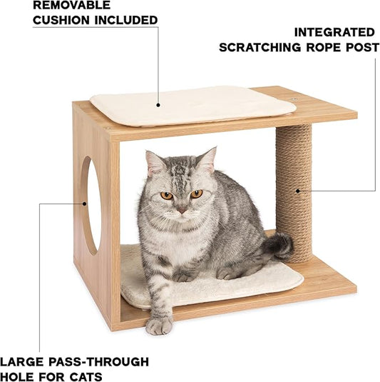 Modern Cat Tree & Condo - Natural Wooden Cat House Indoor with Cozy Kitten Bed, Elevated Perch & Integrated Scratching Post - Stylish Cat Furniture (18.3" D x 14.6" W x 14.6" H)