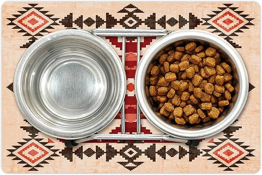 Lunarable Tribal Pet Mat for Food and Water, Original National Heritage Maya Pyramids Local Region Esoteric Myth Motive, Non-Slip Rubber Mat for Dogs and Cats, 18" X 12", Maroon