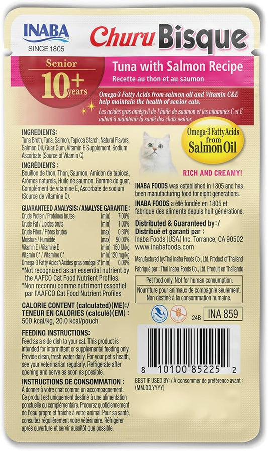 INABA Churu Bisque for Cats Senior 10+, Creamy Purée Side Dish Pouch, 1.4 Ounces per Pouch, 12 Pouches Total, Tuna with Salmon Recipe