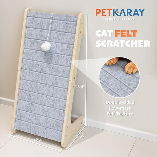 PETKARAY Felt Cat Scratcher, L Shaped Scratching Pad, Scratch Resistant Carpet Scratcher Ramp, Slot-Free Scratch Board with Toy Ball, Light Grey