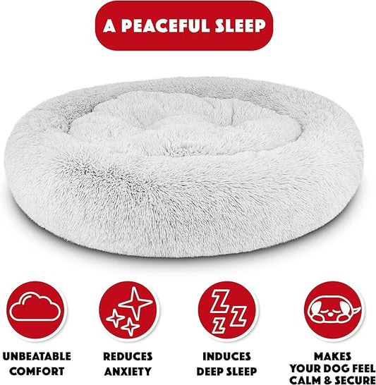 The Dog's Balls Sound Sleep Donut Dog Bed, Ice White Fur XL, Veterinary Approved