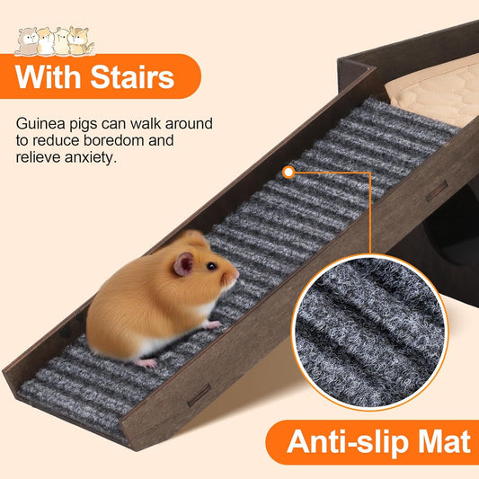 Guinea Pig Hideout, Upgraded Guinea Pig Castle House, Wooden Rabbit Hideout, Guinea Pigs Hideouts and Houses, Large Bunny House, Small Animal Chinchilla House Habitats with Stairs