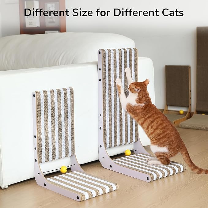 FUKUMARU Cat Scratcher, 26.8 Inch L Shape Cat Scratch Pad, Strip Pattern Cats Scratching Post Wall Mounted, Cardboard Cats Scratcher with Ball Toy for Indoor Kitty, Fun Playing Box Included, L