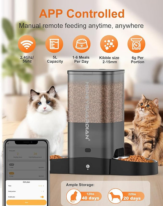 HoneyGuaridan 5L Automatic Cat Feeder for Two Cats, 5G WiFi Smart Feed Pet Feeder with Stainless Steel Bowl,APP Control Dispenser, Dual Power Supply,Desiccant Bag,10s Meal Call Black
