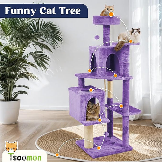 58.5inch Large Cat Tree Tower Condo for Indoor Cats, Soft Plush Multi-Level Climbing Tree Cat House, Scratching Post, More Entrance/Exit, Sisal Rope, Violet Purple