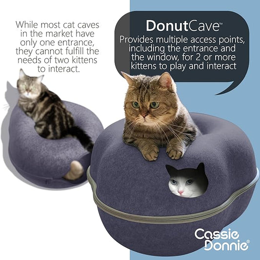 Cat Tunnel Bed for Indoor Cats, Medium Large, Donut Cave House up to 22 Lbs, Spacious for 2 Kittens (Dark Blue)