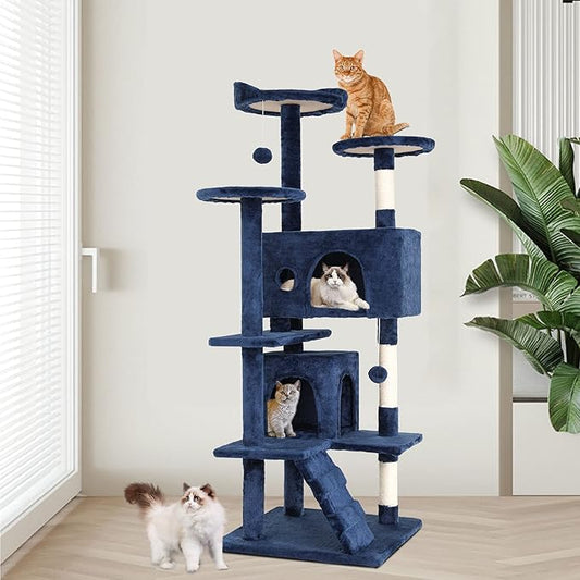 BestPet | 54" Cat Tree Tower | Navy Blue | Sturdy, Easy to Assemble, Multi-Level Activity Center with Sisal Scratching Posts, Condos, Perches, Hanging Cat Toys, Observation Decks & Ladder