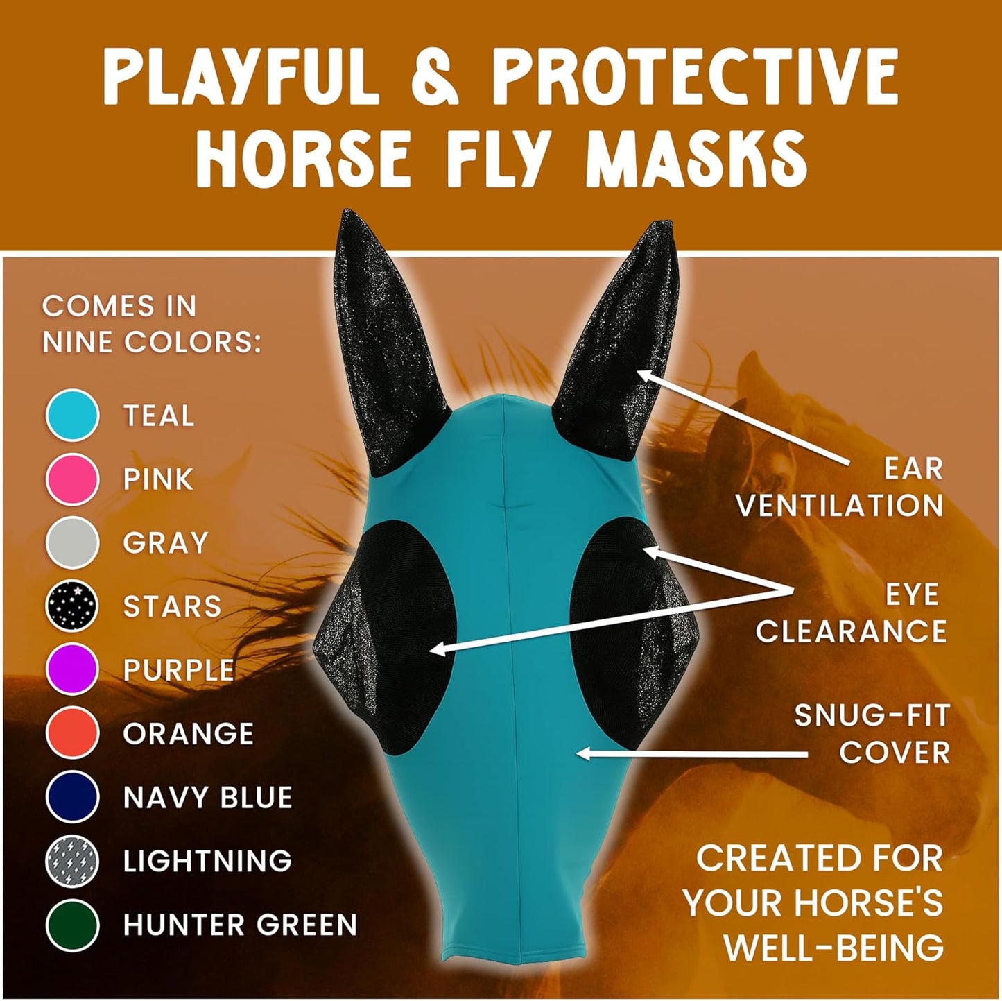 Horse Fly Mask - Durable Equine Fly Mask with Full Coverage for Eye & Ear - Stretchable, UV & Sun Protection Flymask for Horses, Ponies & Mini Horses - Horse Face Cover for Pasture & Trail - Teal