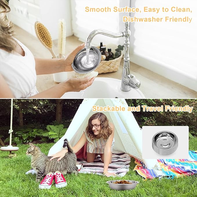 2 PCS Stainless Steel Cat Bowl - Shallow Wide Flat Cats Food Bowls,Metal Kitten Dishes Whisker Friendly Fatigue Relief,Replacement Basic Kitty Plates for Elevated Stand,Dishwasher Safe…