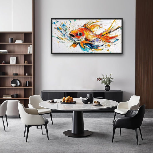 Framed Large Fish Wall Art for Living Room, Oversized Graffiti Goldfish Wall Decor Watercolor Fishing Canvas Painting Modern Artwork Home Decoration for Living Room Bedroom Office 60"x30"