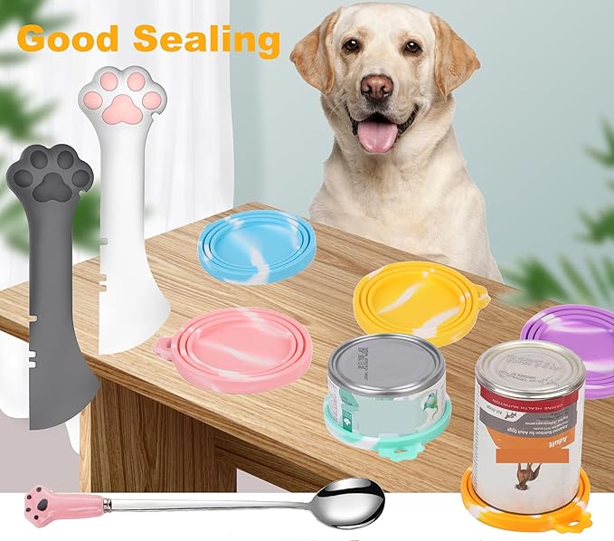 Comtim 5 PCS Pet Food Can Lids & Spoons Set - Silicone Dog Cat Food Can Covers Lids Top/Multi-Function Cat Food Spoon Spatula Can Opener for Wet Food/Long Handle Spoon Easy to Scoop Food