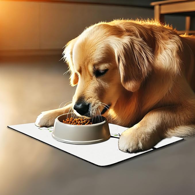 Lunarable Cat Lover Pet Mat for Food and Water, Animals in Love on Tree Branch Flying Birds Nature Romance Illustration, Non-Slip Rubber Mat for Dogs and Cats, 18" X 12", Lime Green