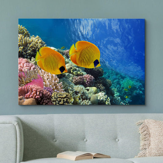 wall26 Canvas Print Wall Art Tropical Yellow Fish with Vibrant Coral Reef Nature Ocean Photography Realism Nautical Scenic Relax/Calm Multicolor Ultra for Living Room, Bedroom, Office - 24"x36"
