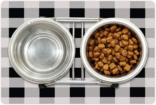 Lunarable Plaid Pet Mat for Food and Water, Monochrome Traditional Lumberjack Pattern Repating Checkered Squares Design, Non-Slip Rubber Mat for Dogs and Cats, 18" X 12", Grey Black