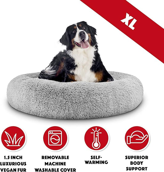 The Dog’s Bed Sound Sleep Donut Dog Bed, XL Silver Grey Fur Calming Nest Bed Removable Cover, Veterinary Approved