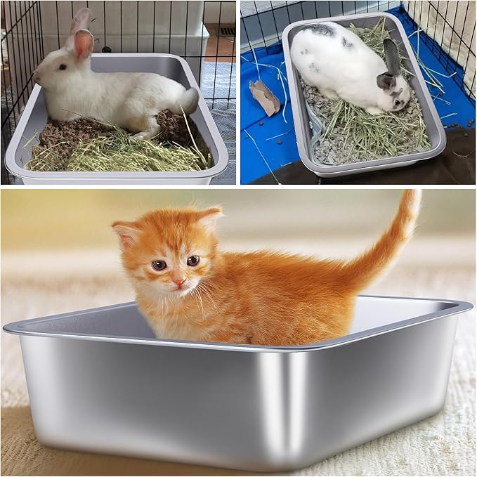 Stainless Steel Litter Box for Kitten, 15.7"×11.8"×4" Small Litter Box for Kittens Easy Entry, Non Odor, Easy to Clean, Metal Litterbox for Cat, Rabbit, Guinea Pigs and Hamsters